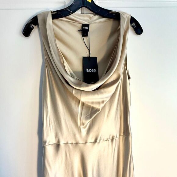NWT BOSS “Dawida” satin cowl neck midi dress in champagne gold Size 8 - Picture 8 of 16